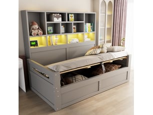 Lit avec rangement 90x200 cm <strong>HAVRYA</strong>  <strong></strong> coloris gris