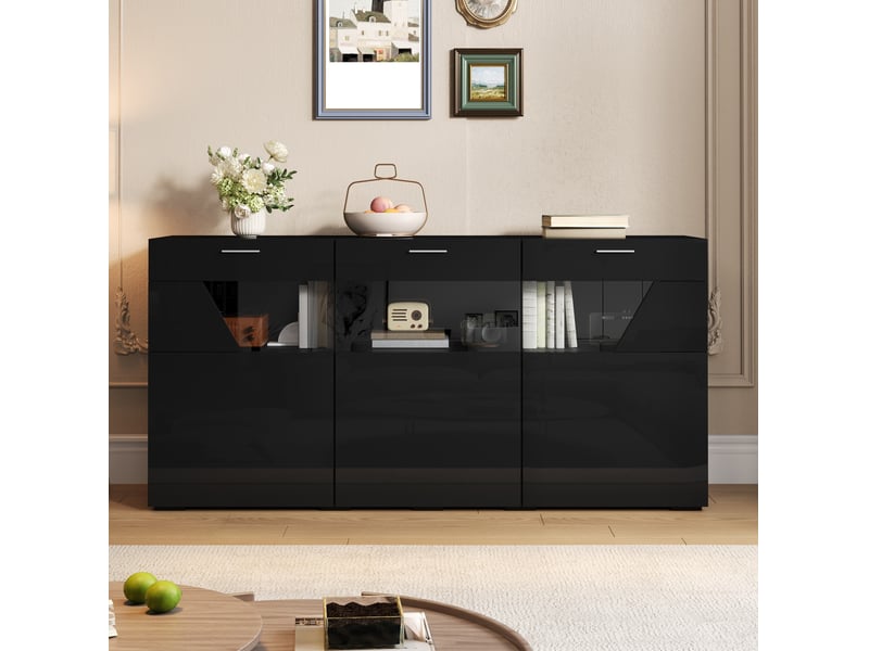  Buffet bas 160x38x78 cm 3 portes led coloris noir  - Conforama E