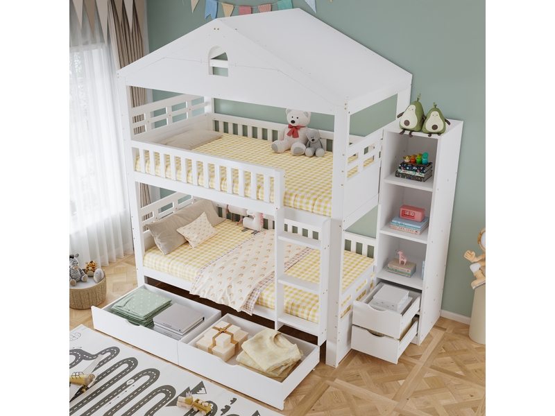  Lit superposé 90×200 cm 2 places avec échelle, tiroirs et rangement latéral, bois blanc sans matelas  - Conforama B