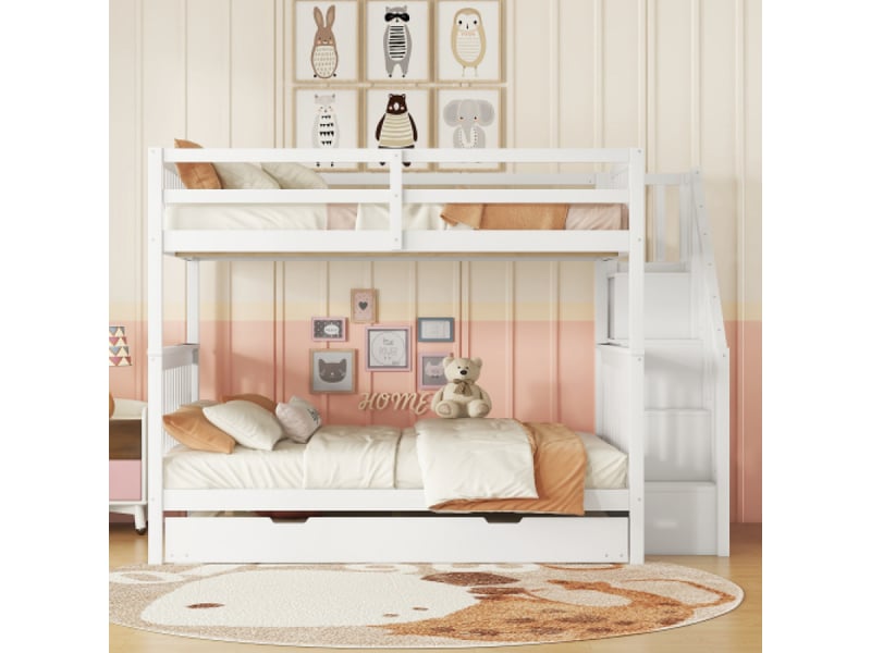 Lit superpose avec rangement 140×200 cm blanc | escalier de rangement, lit extractible à roulettes, barrières hautes, certifié en747‑1 - Conforama D