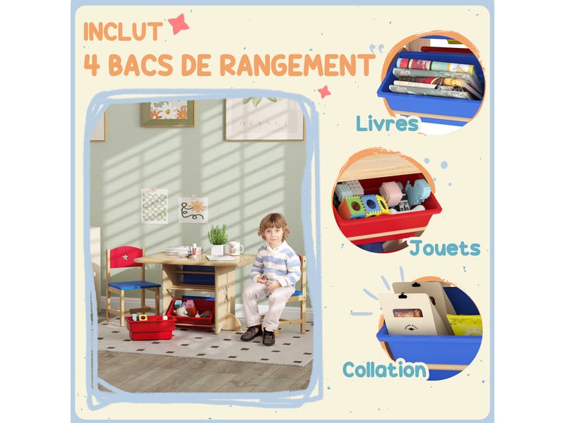  Table enfant avec 2 chaises ensemble table et chaises enfants 3 pièces en bois avec 4 bacs de bois rangement naturel  - Conforama A