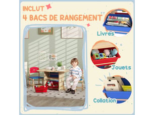 Table enfant avec 2 chaises ensemble table et chaises enfants 3 pièces en bois avec 4 bacs de bois rangement naturel