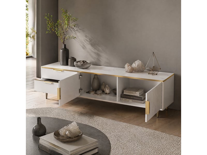  Meuble tv avec 2 tiroirs, 2 portes et motifs sculptés, blanc et doré pour salon, 170×37×45 cm  - Conforama B