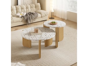 Tables basses 70x70x35 et 50x50x45,5 cm, lot de 2 tables rondes, plateaux à motifs et pieds panneaux, mdf, blanc et bois