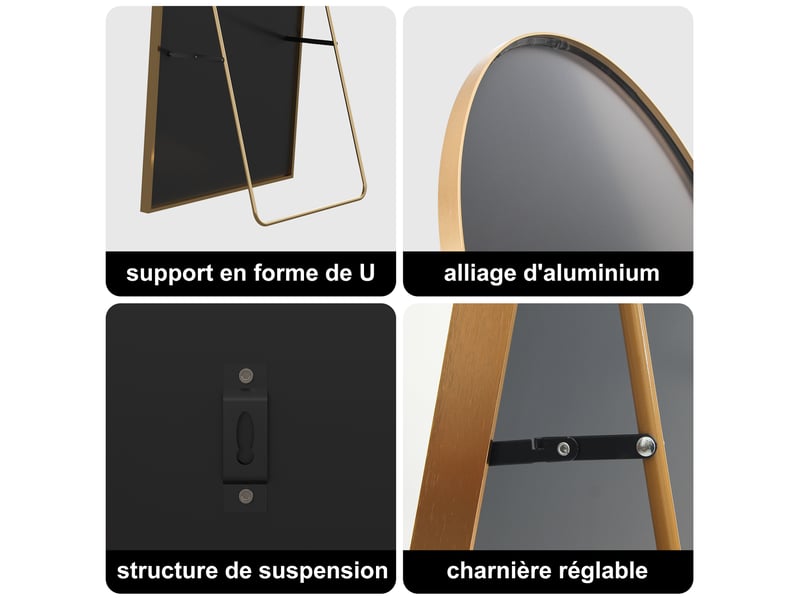  Miroir pleine longueur arqué 177 x 77 cm miroir mural salon avec cadre en aluminium, verre trempé  - Conforama E
