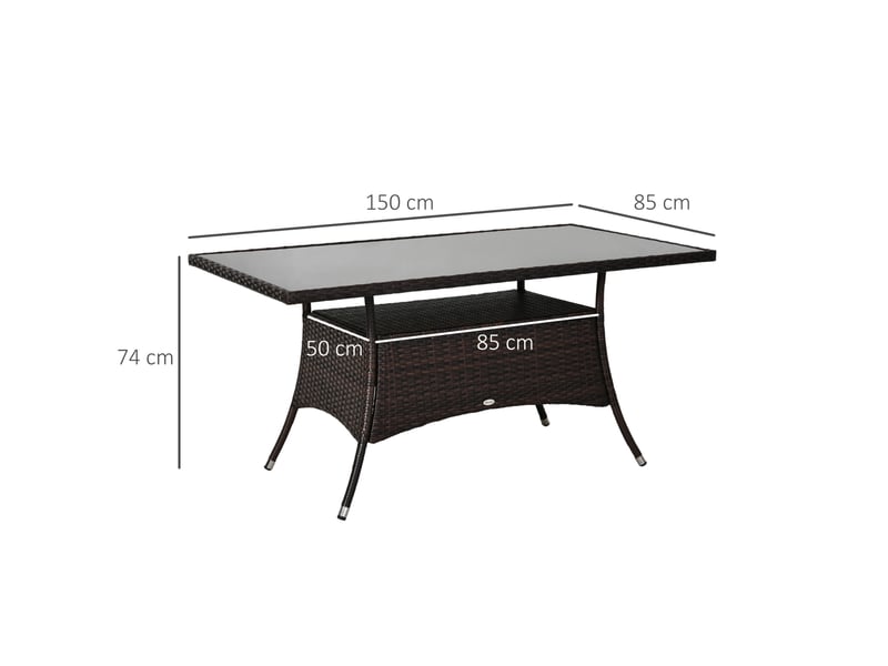 Table à manger extérieure avec plateau en verre de sécurité et pieds antidérapants, marron, 150 × 85 × 74 cm - Conforama D