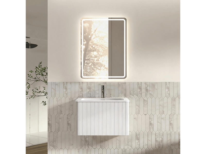  Meuble sous vasque avec miroir led, meuble suspendu à 1 tiroir, vasque intégrée, salle de bain, blanc  - Conforama B