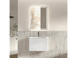 Meuble sous vasque avec miroir led, meuble suspendu à 1 tiroir, vasque intégrée, salle de bain, blanc