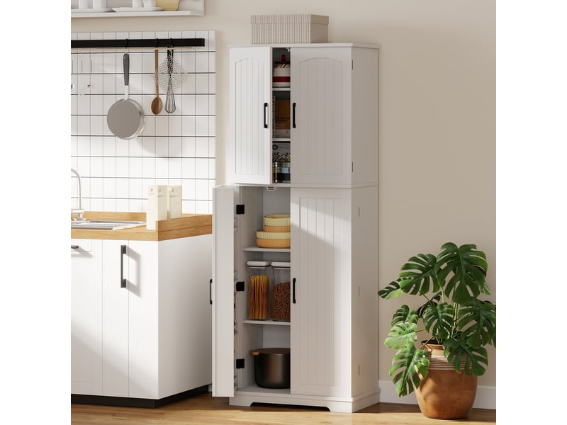  Buffet haut cuisine, armoire de cuisine, 4 portes, 10 niches, 8 porte-épices et étagères réglables, 60x35x162cm, blanc  - Conforama C