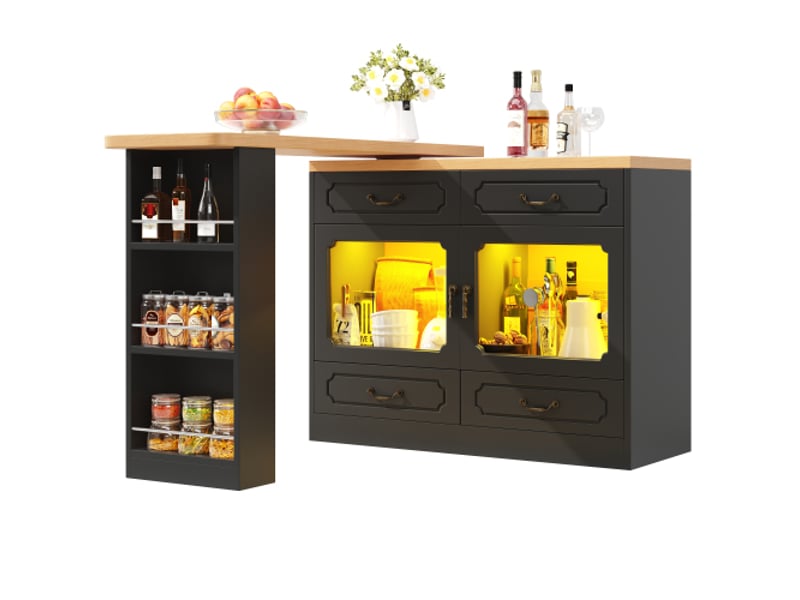  Bahut de cuisine avec rangement 135-203 x 39 x 92,8 cm, table à manger pivotante 360°, noir  - Conforama A