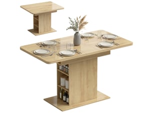 Table à manger extensible rectangle pour 4 à 6 personnes, table de cuisine 110-130 cm, 6 étagères ouvertes, bois naturel