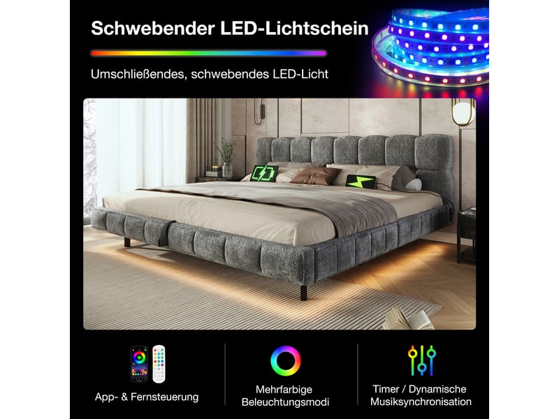  Lit coffre 180x200 cm en chenille, rangement hydraulique, led, usb-c, tête de lit capitonnée et design flottant - gris (sans matelas)  - Conforama D