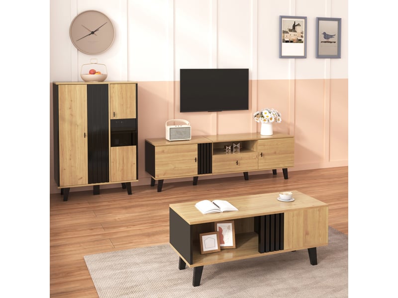  Ensemble de meubles de salon 3 pièces, table basse, meuble tv et buffet led, verre et panneaux de particules, style moderne noir et bois  - Conforama B