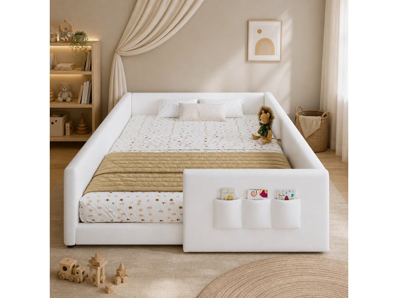  Lit enfant rembourré blanc en pu 140 x 200 cm avec 3 poches de rangement  - Conforama B