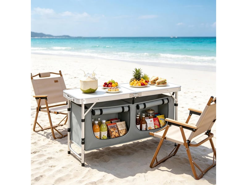  Table de jardin pliante avec sac de rangement suspendu et pieds réglables pour camping, en aluminium et mdf, gris et blanc  - Conforama B