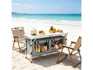 Table de jardin pliante avec sac de rangement suspendu et pieds réglables pour camping, en aluminium et mdf, gris et blanc