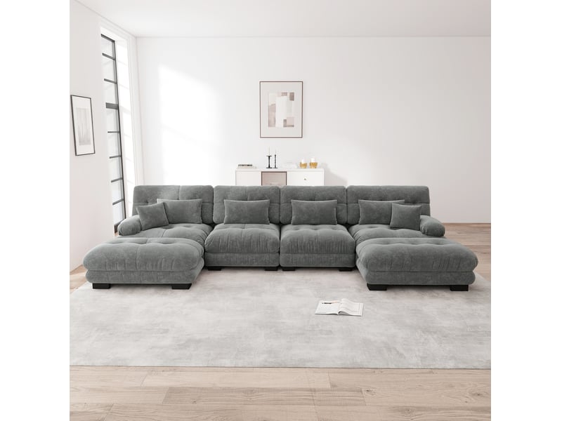  Canapé d'angle modulaire en u 4 places avec ottomans mobiles en chenille gris  - Conforama C