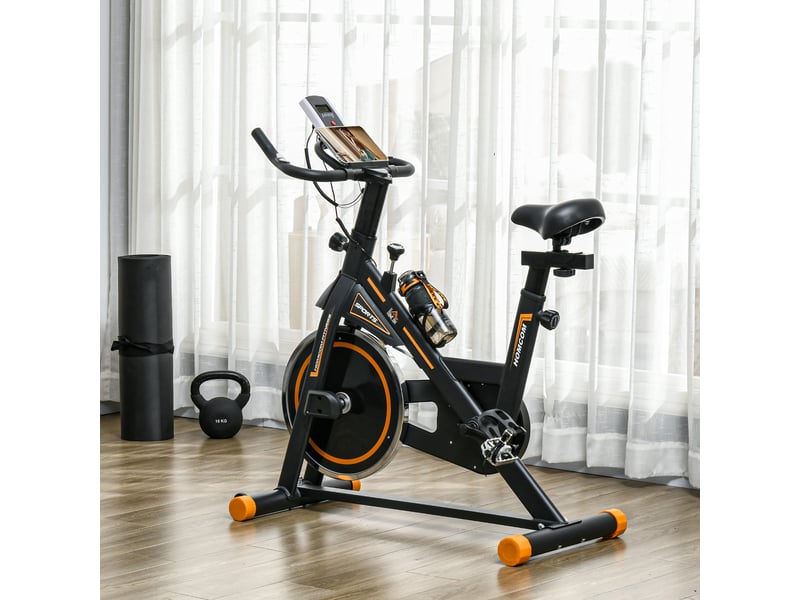  Vélo d'appartement avec volant d'inertie de 8 kg, écran lcd, moniteur de fréquence cardiaque, selle et guidon réglables, 103 x 48 x 115 cm, orange  - Conforama D
