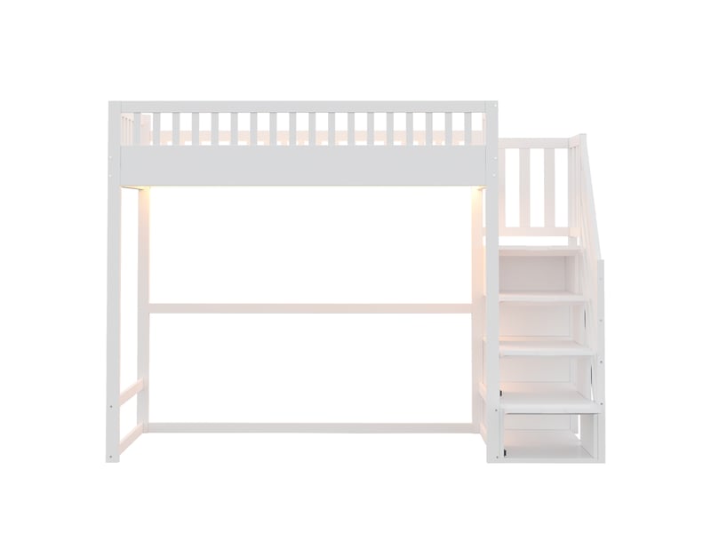  Lit mezzanine enfant 90x200 en bois avec rangement et led - escalier réversible, sécurité renforcée, gain de place, blanc  - Conforama E
