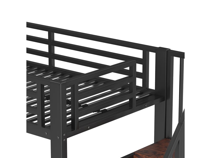  Lit mezzanine enfant 200×90 cm avec rangements, échelle, garde-corps et éclairage led, sans matelas, en métal et mdf noir  - Conforama E