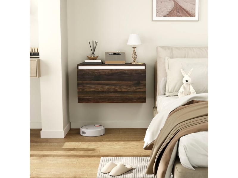  Table de chevet murale avec tiroir sans poignée, 80 x 30 x 45 cm, noyer  - Conforama D