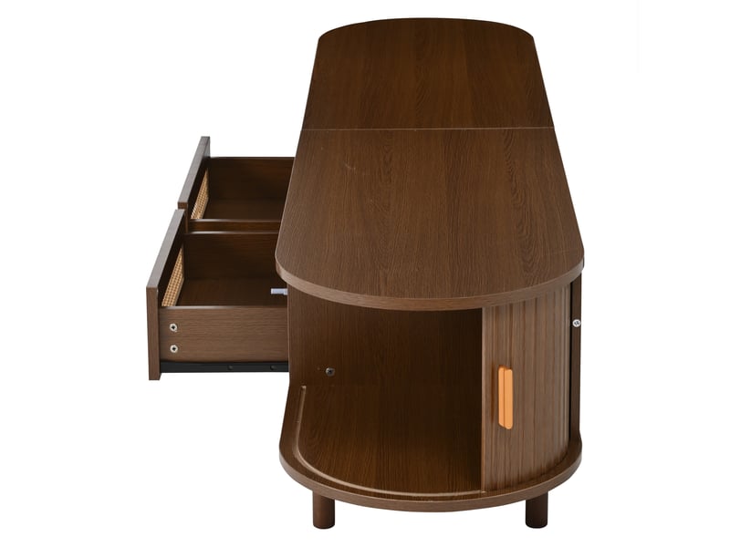  Meuble tv ovale 170x40x40 cm, 2 tiroirs rotin et 2 portes coulissantes, mdf noyer foncé  - Conforama E