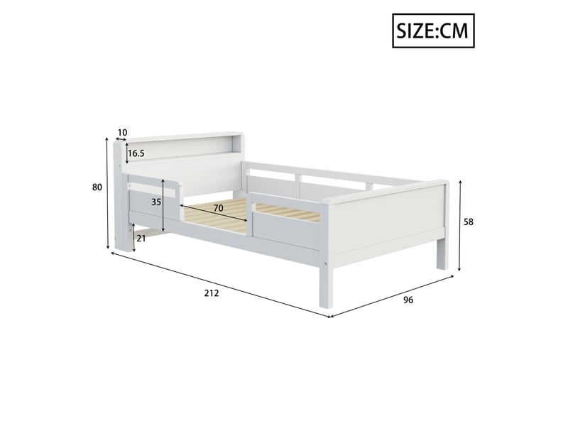 Lit enfant tcqpz 90 x 200 cm avec tête de lit avec rangement, led, prise usb et usb-c, pin massif, blanc  - Conforama C