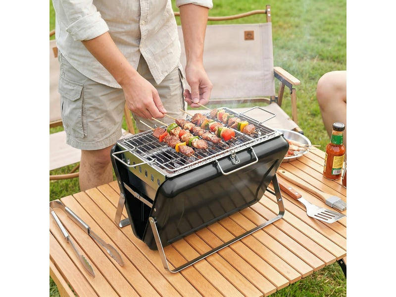 Barbecue fumoir charbon acier inoxydable, grille, poignée, pieds pliables, camping grillades, 40×28×25,5 cm, noir  - Conforama D
