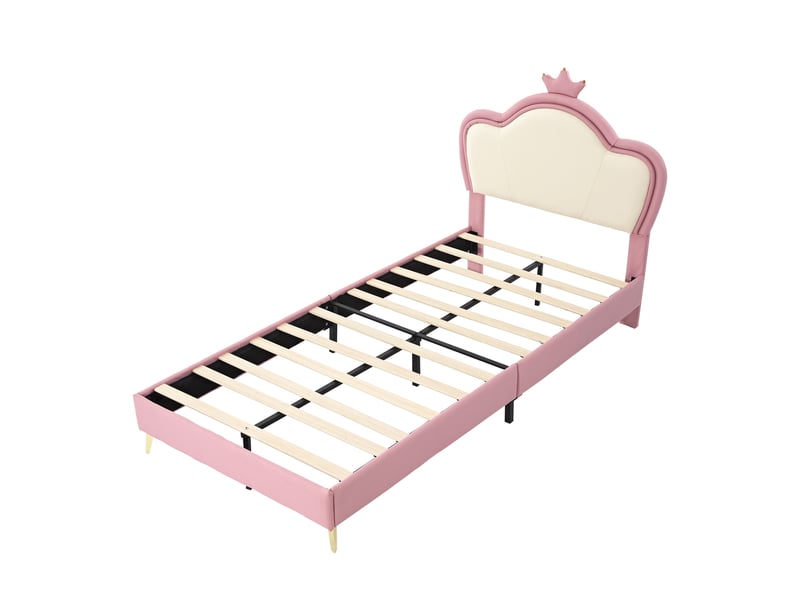  Lit capitonné, lit enfant, bords protecteurs doux, tête de lit ornée d'une couronne, pieds de lit en métal, profil élégant de tête de lit rembourrée, lit simple, pu, rose et blanc, 90 x 200 cm  - Conforama E