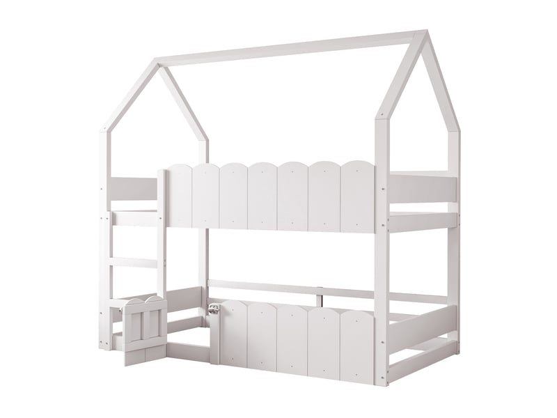 Lit superposé enfant 90x200 cm, forme de maison avec barrières surélevées, un seul sommier, bois, blanc, sans matelas - Conforama D