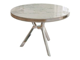 Table de repas ronde pieds métal mos blanc marbré et chrome