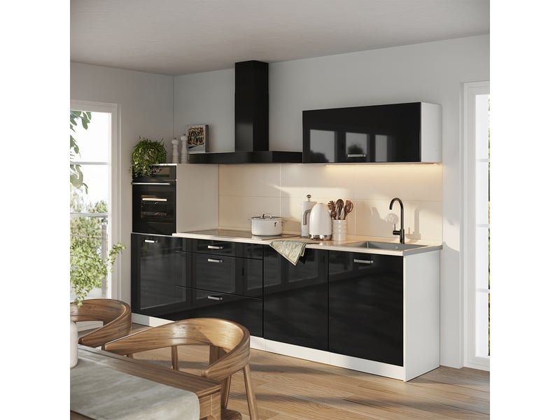  Vicco cuisine, noir haute brillanceblanc, 280cm plan de travail chêne doré  - Conforama C