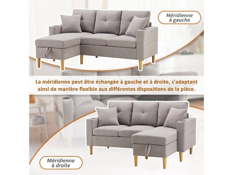 Canapé 3 places avec méridienne réversible - gris clair aspect lin avec coffre et porte-gobelets - Conforama R