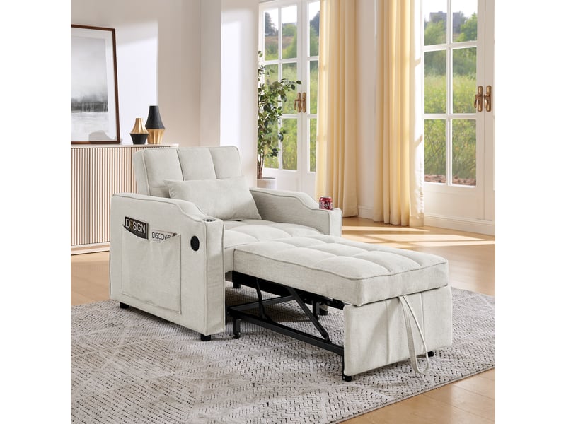  Fauteuil convertible 3-en-1 avec usb-c, porte-gobelet et dossier réglable  - tissu beige 190 cm  - Conforama C