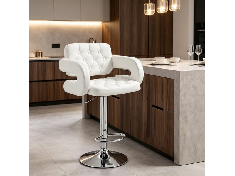 Tabouret de bar réglable avec accoudoirs, dossier et repose-pieds en métal et revêtement synthétique blanc  - Conforama D