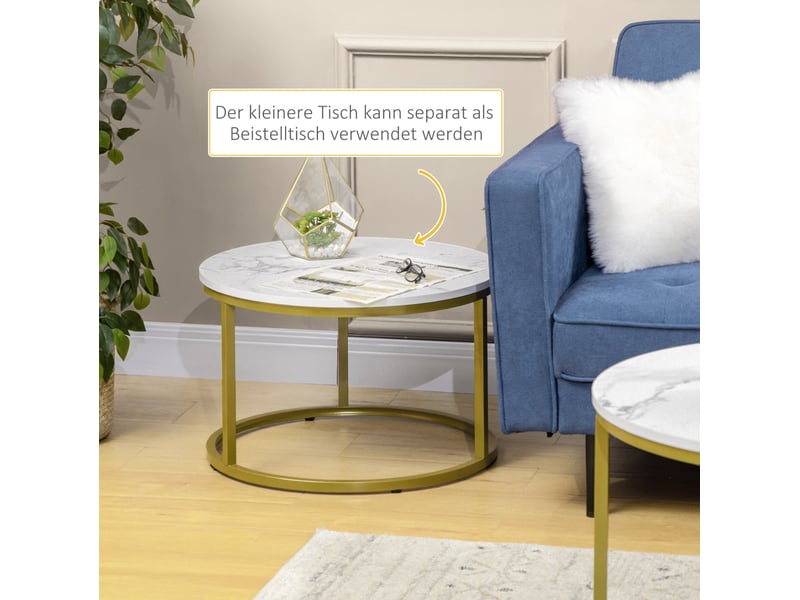  Tables basses gigognes lot de 2 avec plateaux décor marbre, pieds réglables en acier doré, blanches, pour salon  - Conforama E