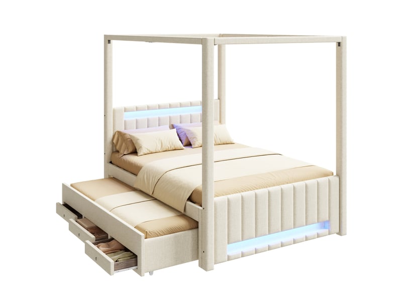  Lit à baldaquin capitonné 140 x 200 cm avec lit gigogne et trois tiroirs, éclairage led, beige  - Conforama A