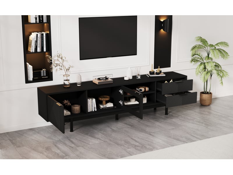 Meuble tv 200 cm noir pour téléviseur 80 pouces avec 2 portes et 2 tiroirs - Conforama R