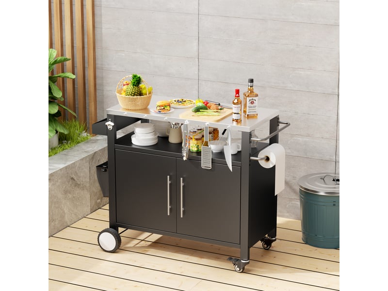  Chariot de barbecue d'extérieur à 2 portes avec espace de rangement, plan de travail inox, roulettes, crochets et étagère à épices  - Conforama B