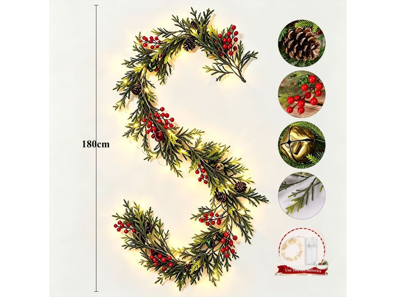  Guirlande de noël artificielle 1,8 m avec baies, vigne décorative pour porte, cheminée, fenêtre, plafond intérieur extérieur, avec guirlande lumineuse  - Conforama B