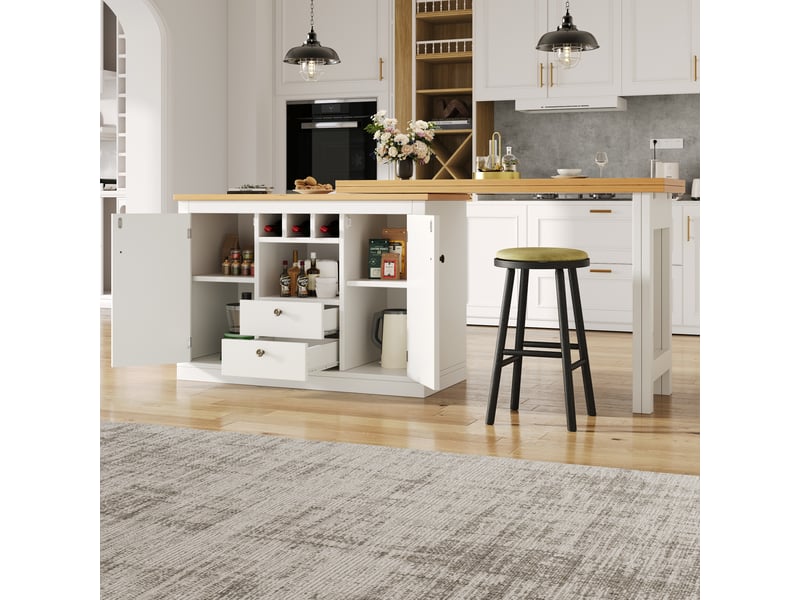 Table de bar extensible avec rangement, casier à bouteilles et compartiments réglables, en mdf naturel et blanc, 120 à 180 cm - Conforama C