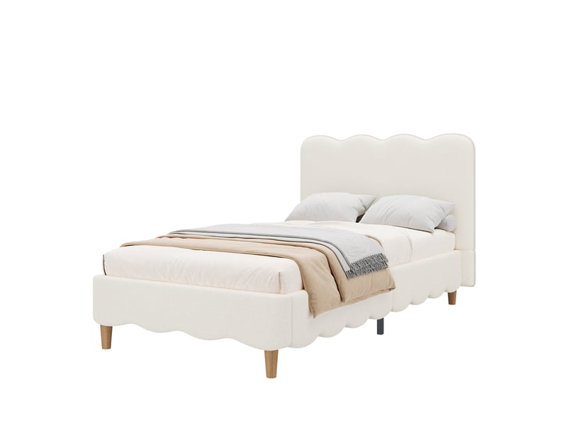  Lit enfant rembourré 90 × 200 cm 1 place avec sommier, sans matelas, en bouclette blanche, pieds en bois massif  - Conforama A