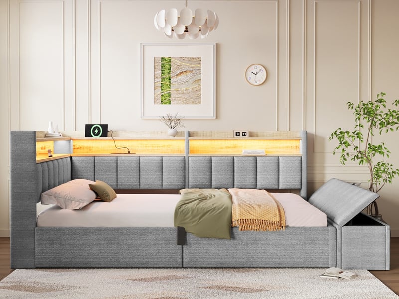  Lit coffre, 140 x 200 cm, lit de repos avec élément de rangement latéral, bande lumineuse led et prise électrique, velours, gris  - Conforama B