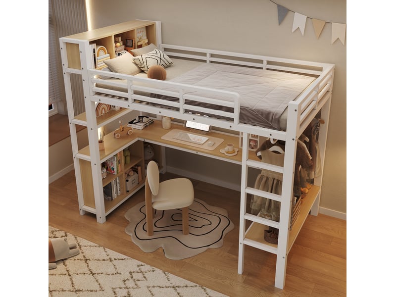  Lit mezzanine 90 × 200 cm 1 place avec bureau, penderie, étagères et rangements, sans matelas, en métal et mdf  - Conforama C
