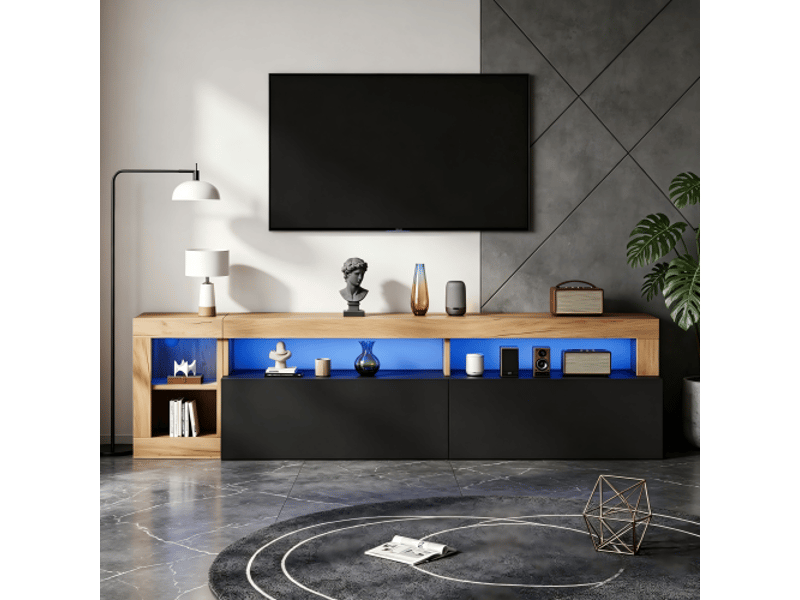  Meuble tv led 184x42x58 cm - meuble bas avec rangement ouvert, éclairage led, pour tv jusqu’à 80 pouces, cadre effet bois - noir  - Conforama D