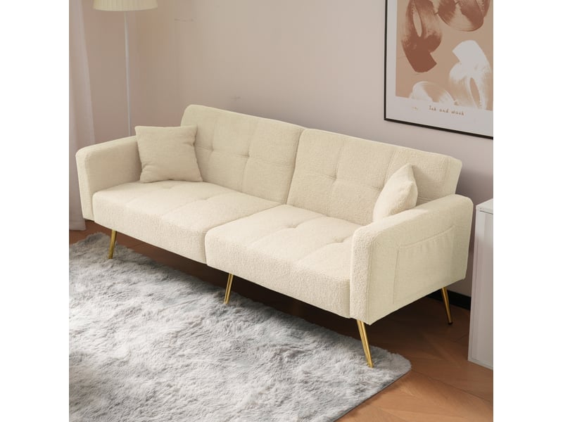  Canapé-lit 2 places 175x64x72 cm, coussins, poches de rangement, pieds dorés, dossier réglable, finition tissu sherpa beige  - Conforama D
