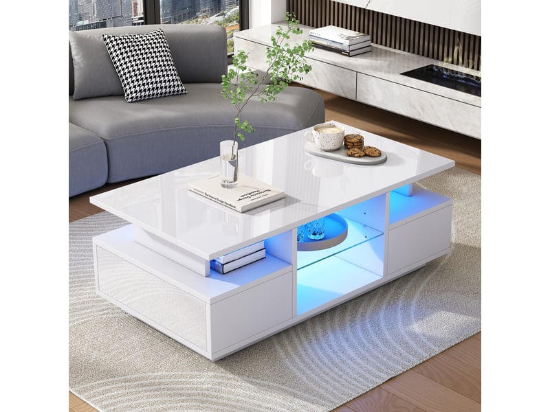  Table basse blanche brillante avec led 2 tiroirs 100x50x36 cm - rangement ouvert en verre  - Conforama E