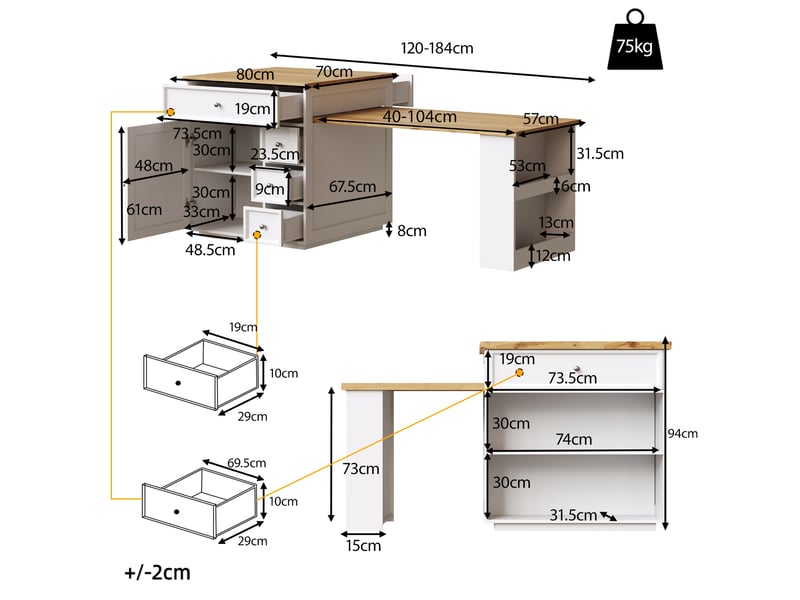  Îlot de cuisine sur roulettes-table à manger extensible-120-184cm-blanc FC - Conforama C