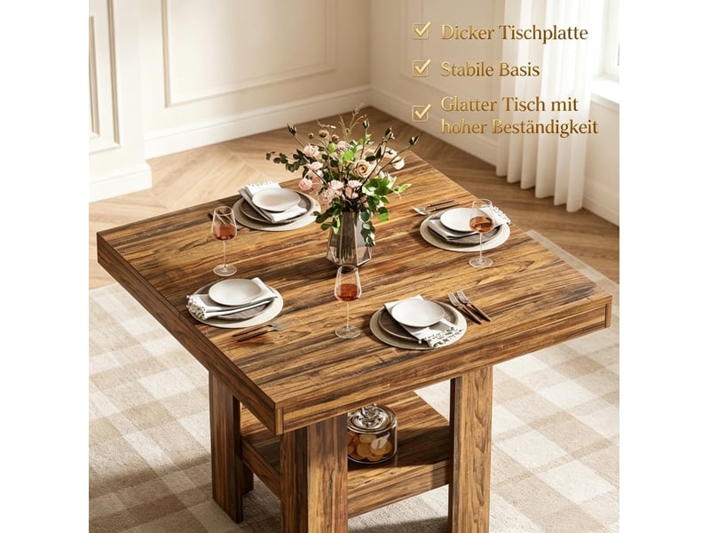  Table de salle à manger carrée pour 2 personnes avec étagère basse, style rustique industriel, en bois et mdf, marron  - Conforama E