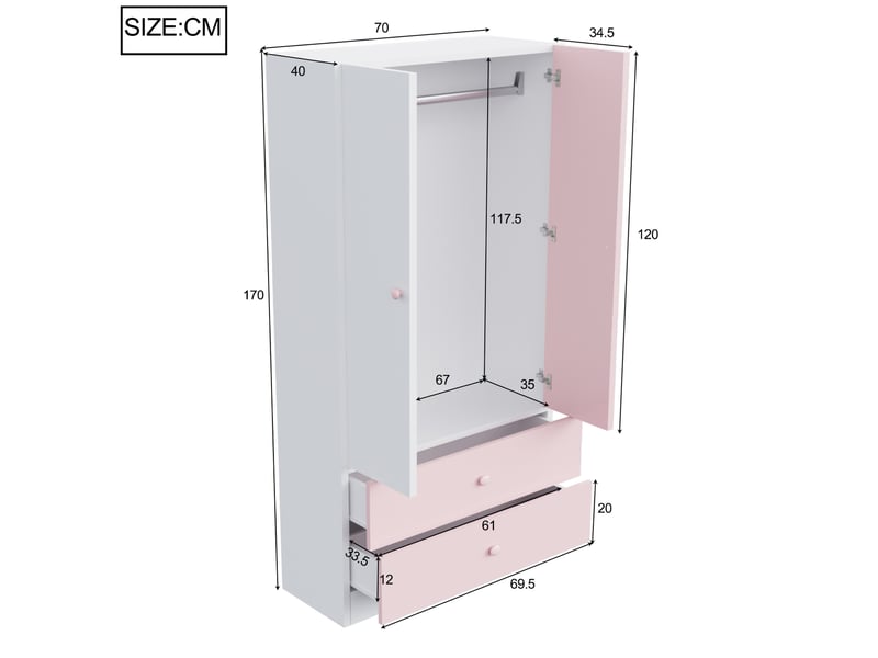  1515151515 armoire 70x40x170 cm 2 tiroirs, mdf, rose et blanc, design bicolore, rangement pratique  - Conforama C